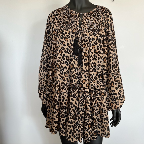 Crescent Leopard Print Smocked Peasant Dress Tunic - Size Small - Picture 6 of 9
